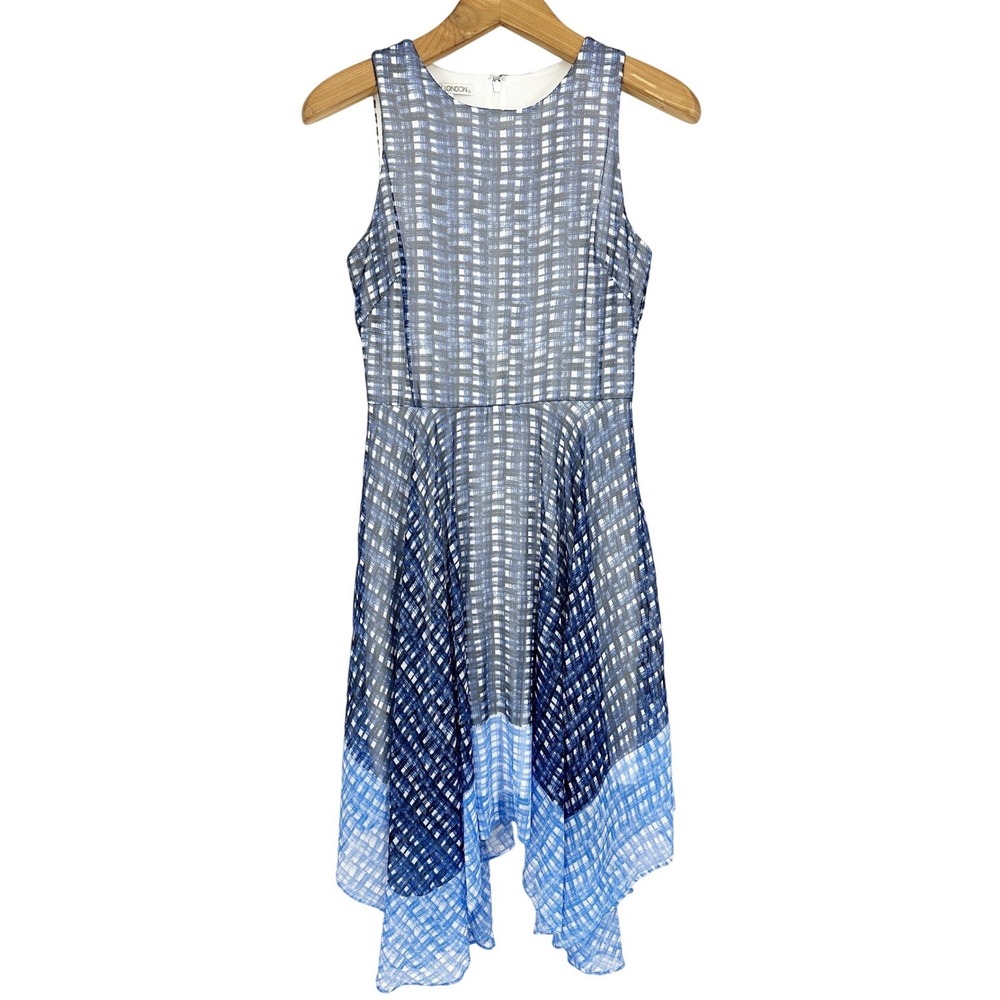 Maggy London Blue White Ombre Check‎ Sleeveless Handkerchief Hem Dress Size 6